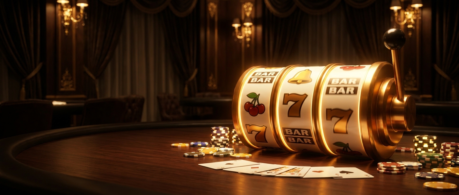 Casino online gratis senza registrazione — slot machine luminose su sfondo scuro dorato