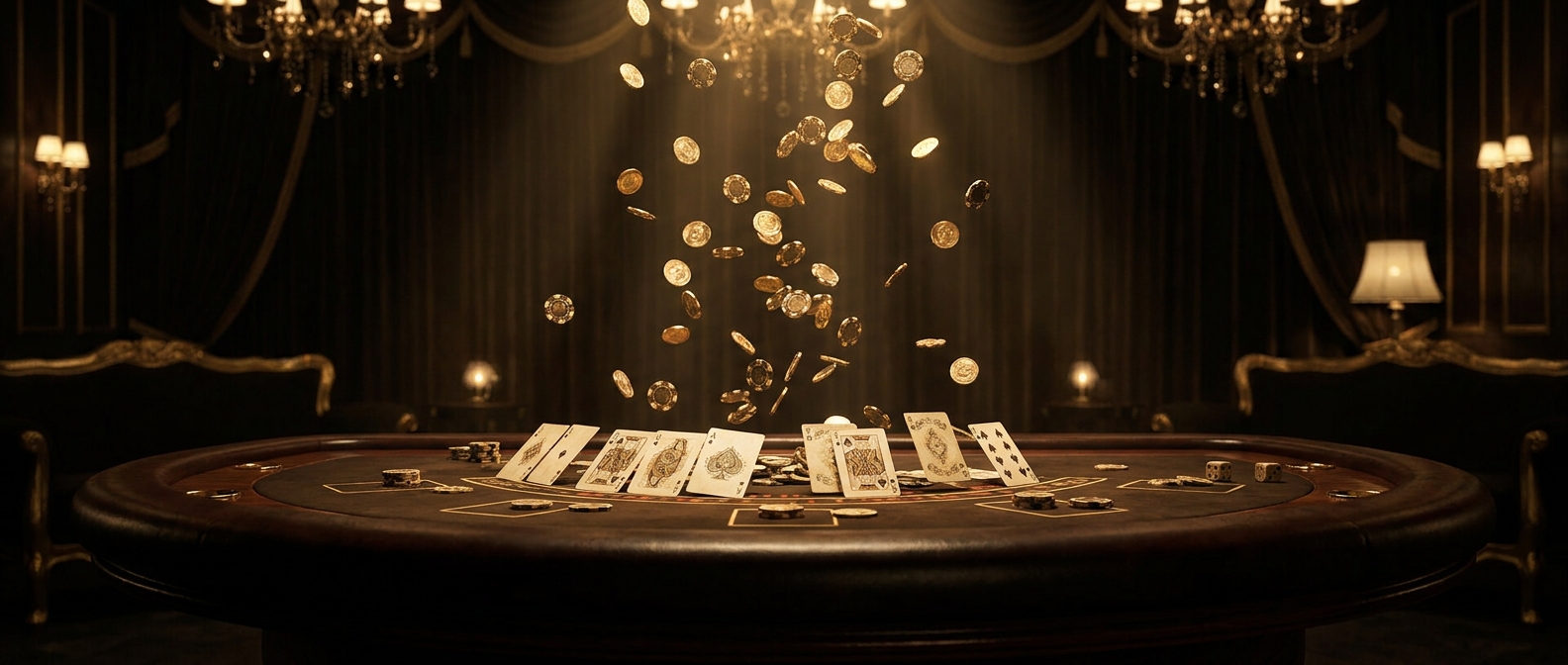 Casino stranieri non AAMS senza deposito — monete d'oro e chip su sfondo scuro lussuoso